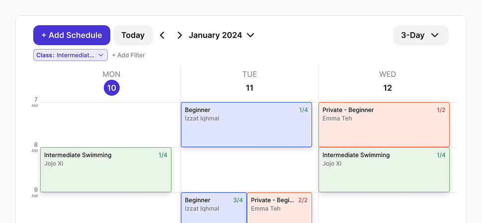 K3LAS calendar screen showing academy lessons and schedule planning